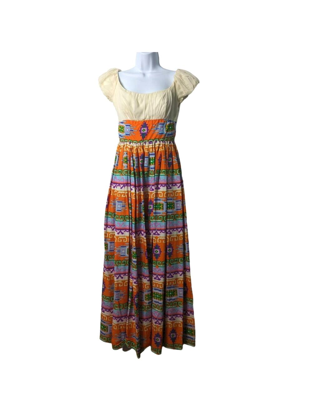 Vintage 60's 70's Empire Waist Maxi Dress Bold Graphic Print Chiffon Top